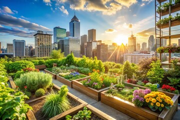Fototapeta premium Lush Rooftop Garden in Bustling City - Urban Farming & Flowers