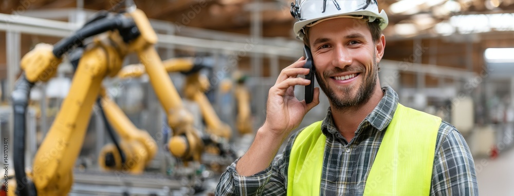 Aufkleber engineer smiling while covering ears in industrial factory with robotic arms in background during ac