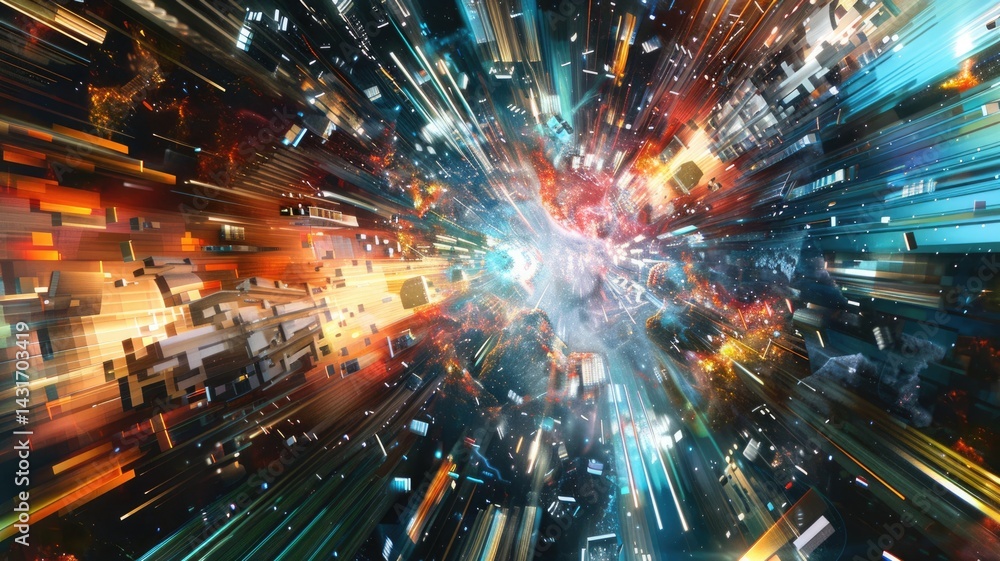 Poster futuristic digital tunnel with glowing particles. neon and electric colors creating a sense of depth