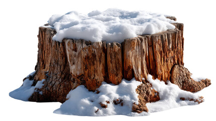 A white log cabin rests in the snowy winter landscape near icy rocks and a frozen waterfall