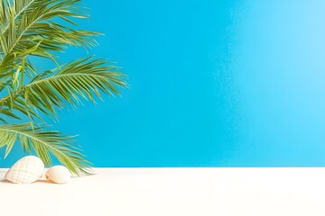 Tropical palm leaves and seashells on white surface against a blue background