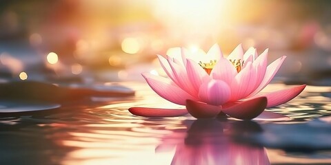 Pink lotus flower floating on calm water with golden sunset halo.
