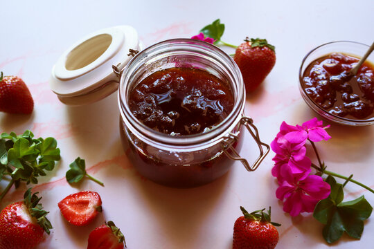Rose Geranium and Strawberry Jam, Edible Flowers Botanicals.