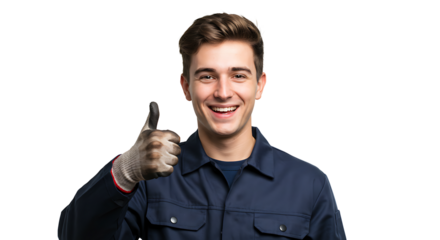 A smiling mechanic giving a thumbs up, showing a gesture of approval and positivity.