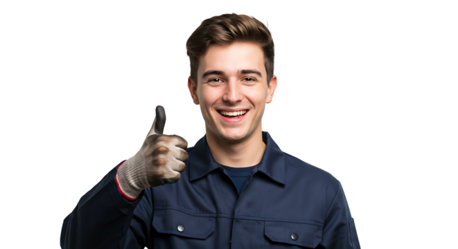 A smiling mechanic giving a thumbs up, showing a gesture of approval and positivity.