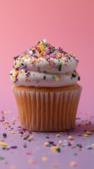 a cupcake with colorful sprinkles on a pastel background