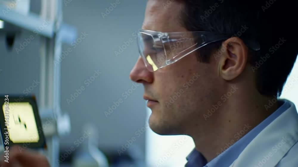 Poster focused scientist examining microchip in laboratory setting: technological advancement and precision