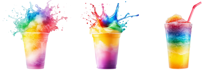 transparent png background. Ai generated - Set of A vibrant display of rainbow slushies with ice cubes and fruit garnishes transparent png background. Ai generated