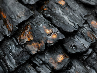 Fototapeta premium Charred wood texture dark glossy layered remnants of fire