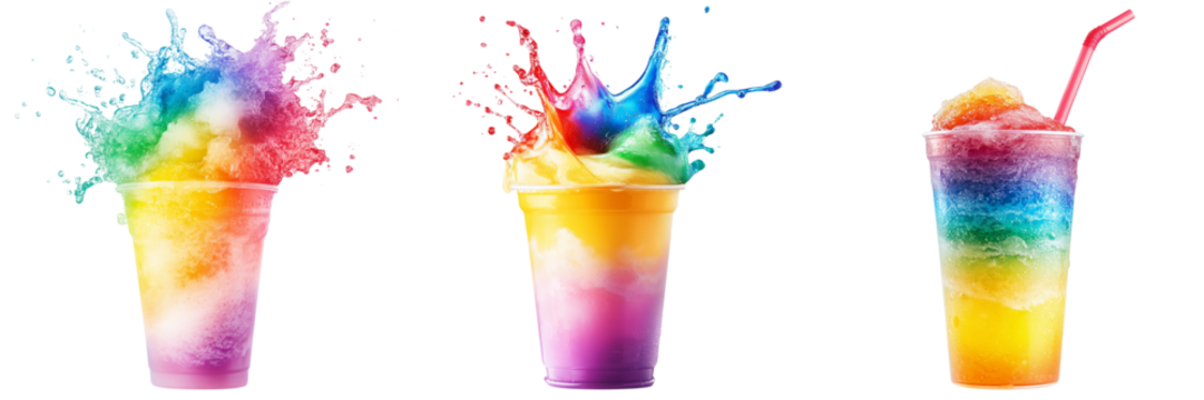 transparent png background. Ai generated - Set of A vibrant display of rainbow slushies with ice cubes and fruit garnishes transparent png background. Ai generated - Powered by Adobe