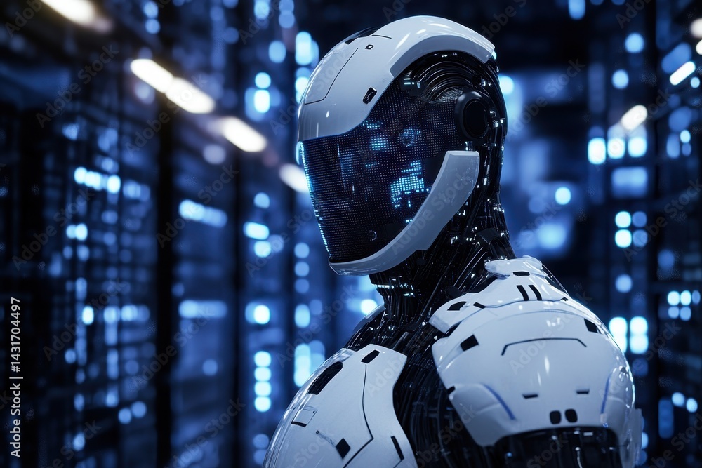 Aufkleber futuristic robot stands in a high-tech data center with glowing lights