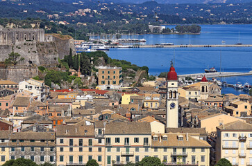 Bell tower of Saint Spiridon church and Kerkyra cityscape,Corfu island,Greece