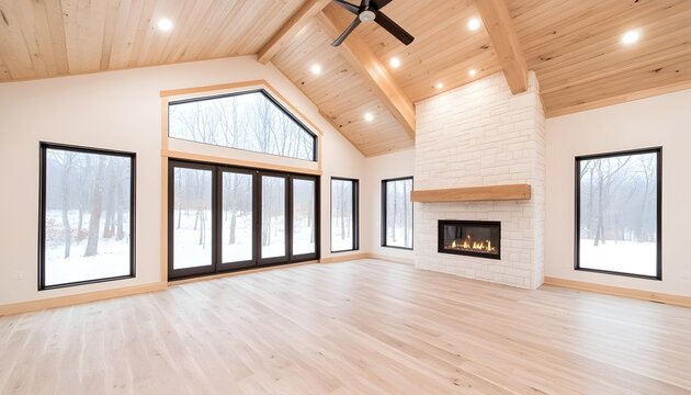 Modern living room with vaulted ceiling, fireplace, and large windows overlooking a snowy forest