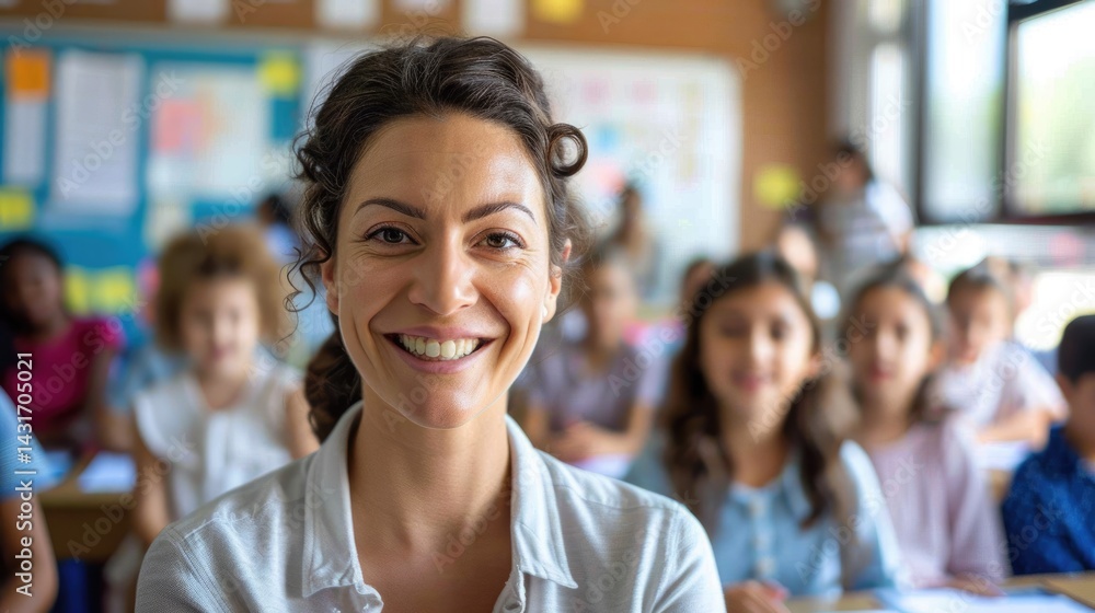 Wall mural smiling teacher in a classroom with students. education and teaching concept. human portrait of inst