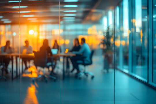 Business people engaged in round table discussion in conference room. Blurred image business partners meeting. Interior setting highlights modern business lifestyle, corporate convention. Focused on