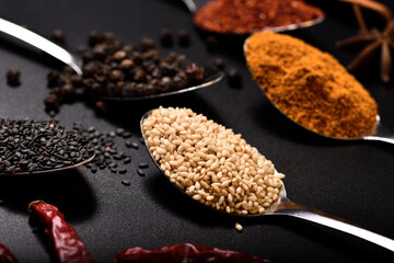 Horizontal soft focus group of spices, sesame, pepper, turmeric, cayenne peper