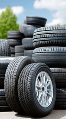 Old tires and recycled rubber accumulate in an industrial wasteland under a bright blue sky with clouds, highlighting environmental issues linked to vehicle waste
