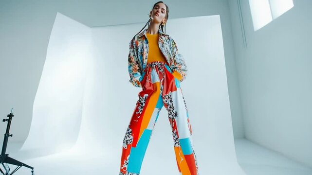 Vibrant Fashion Photography: Model in Colorful Patchwork Outfit