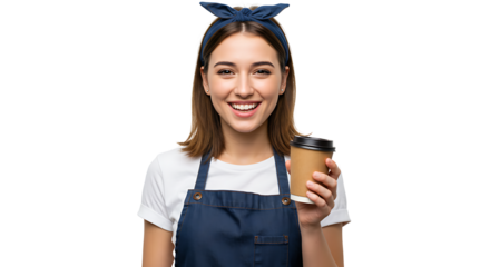 A smiling barista with a coffee cup offers a warm welcome and friendly service with a smile.
