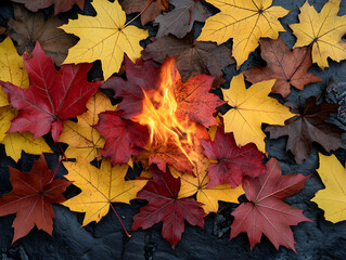 Autumn leaves ablaze  Red and yellow foliage on dark surface one leaf engulfed in flames