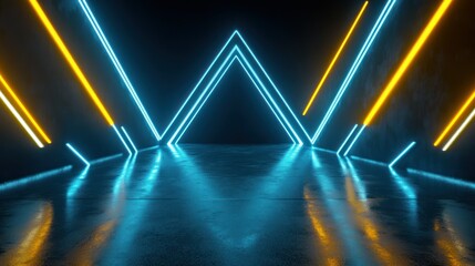 A futuristic space with neon lights creating a striking geometric pattern.