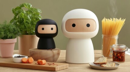 Obraz premium Cute Ninja and Monk Salt and Pepper Shakers with