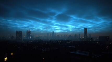 Fototapeta premium Futuristic skyline with pulsating light waves serene night atmosphere cool blue tones high-angle shot cityscape backdrop