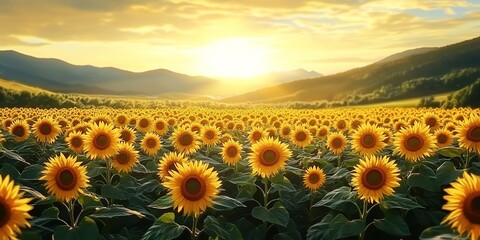 Fototapeta premium A sunflower field glowing under sunset light with mountains in the distance and white clouds in the sky.