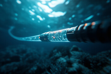 Underwater cable transmitting light signals.