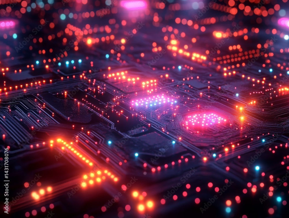 Aufkleber abstract circuit board: neon lights and technological innovation with artistic flair and focus on ai