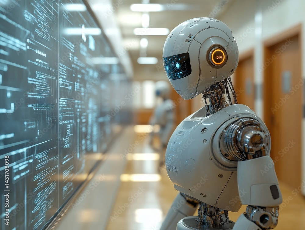 Poster a futuristic robot analyzes code on a digital screen in a modern office corridor, showcasing ai in t