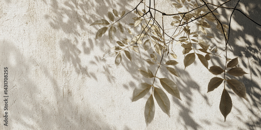 Poster Beige wall with branch and leaves casting shadows, creating a serene and minimalist aesthetic suitable for background or design element