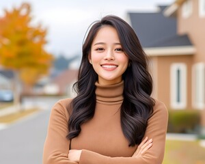 Young woman smiling with arms crossed in front of suburban home