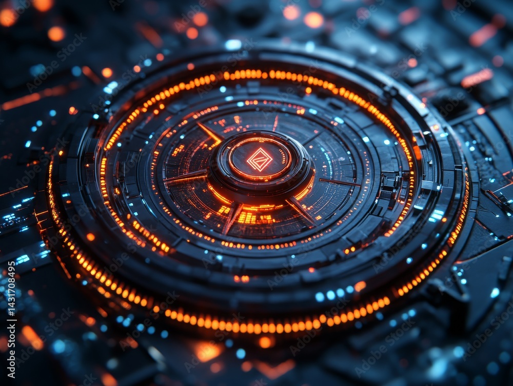 Poster futuristic data core: abstract technological circle with glowing orange and blue lights, representin