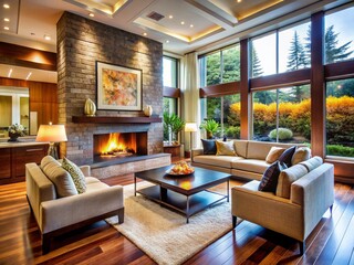 Fototapeta premium Luxurious Living Room with Modern Fireplace, Elegant Interior Design, Real Estate Photography