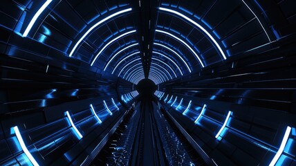 Glowing blue planet with orbiting rings on a dark starry background. Abstract artwork of 3D rendering of geometric shape with blue glowing light portal or door. Space and astronomy concept. AIG53.