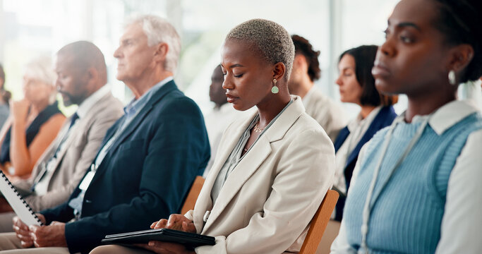 Tablet, reading and business woman at conference for seminar schedule, economic forum and meeting. Finance workshop, market research report and tradeshow event with people at convention expo