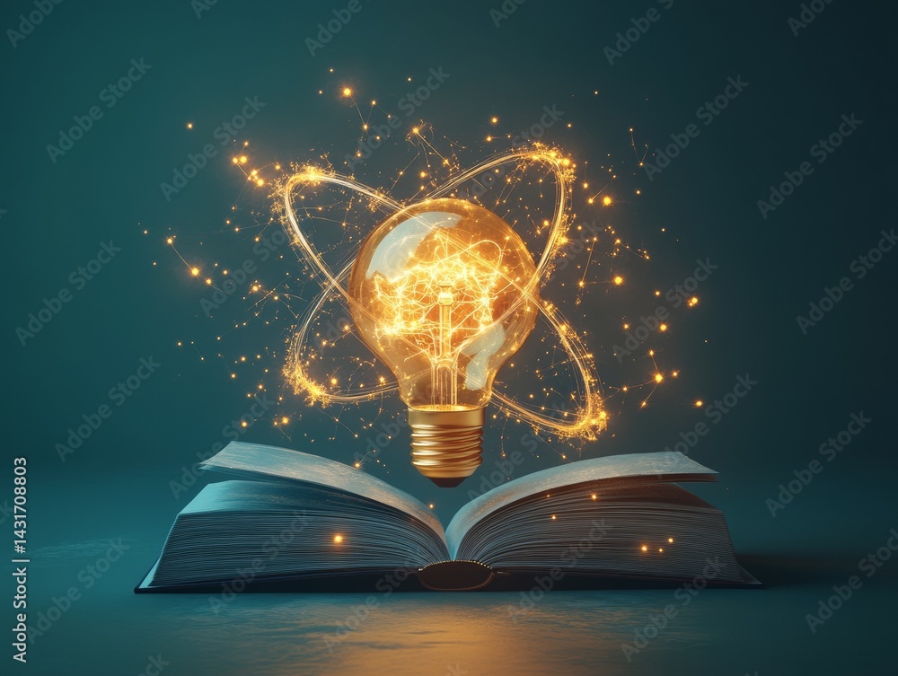 Aufkleber illuminating knowledge: a glowing lightbulb resting atop an open book, surrounded by energetic spark