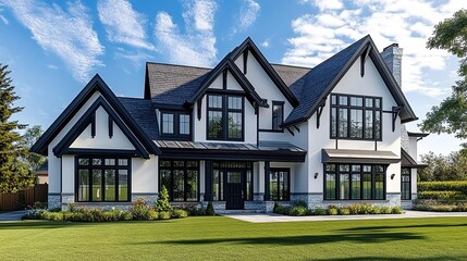 A two-story Tudor-style house with white walls, black timber framing, dark roof, large windows, chimney, manicured lawn, trees, under blue sky with white clouds.