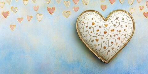 White heart with golden filigree on pastel blue