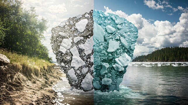 satellite image showing the drastic reduction in ice cover over a polar region, with side-by-side comparisons from different years. The loss is evident and alarming. satellite, ice cover, melting, 