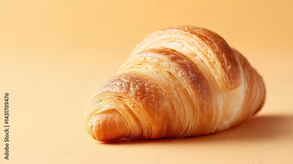 Poster single freshly baked croissant placed elegantly on smooth solid color background with ample copy spa