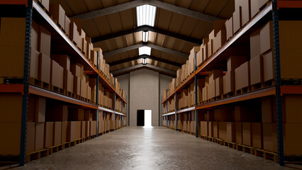 Modern Warehouse Interior with Tall Shelves and Cardboard Boxes - Logistics and Storage, 3D Render