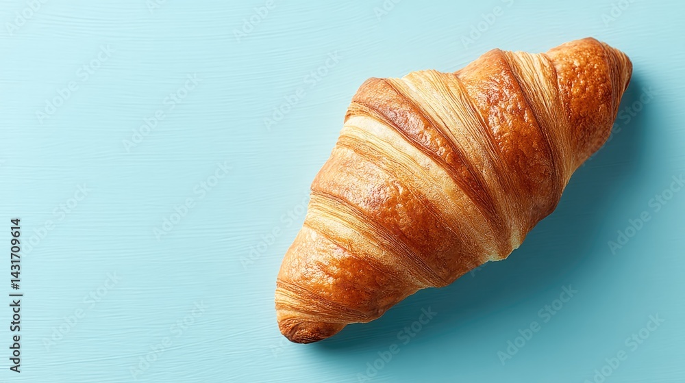 Poster single freshly baked croissant placed elegantly on smooth solid color background with ample copy spa