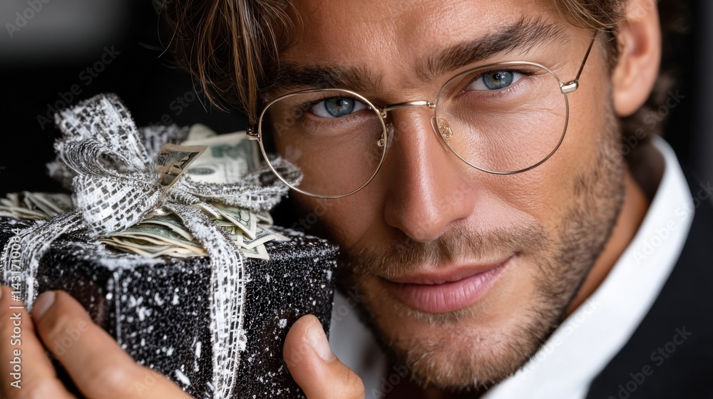 Aufkleber a man is holding a black box with a bow on it and a bunch of money inside