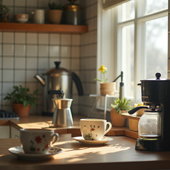 Fototapeta premium Morning coffee in a small kitchen: vintage coffee maker, white tiles, wooden surfaces, diffused morning light