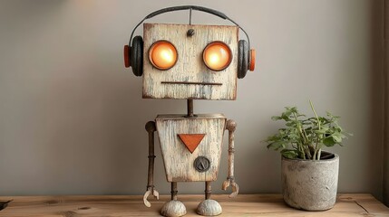 Rustic Wooden Robot Lamp with Headphones -