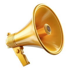 Golden megaphone icon, shiny metallic speaker design, isolated on transparent background, high-resolution PNG for announcements, marketing visuals, digital content, and promotional graphics