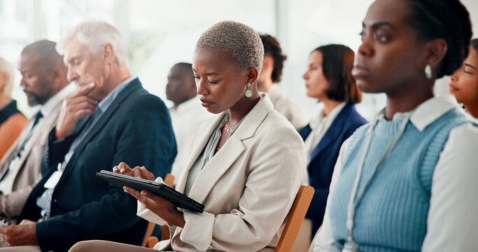 Tablet, conference and business woman in audience for seminar schedule, economic forum and meeting. Finance workshop, market research report and tradeshow event with people at convention expo