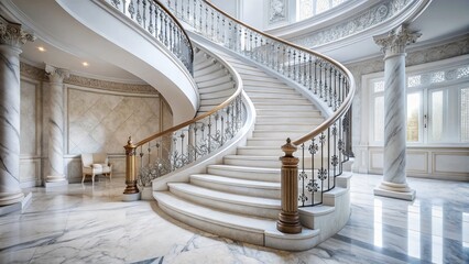 Luxurious White Marble Spiral Staircase - Elegant Interior Design Stock Photo